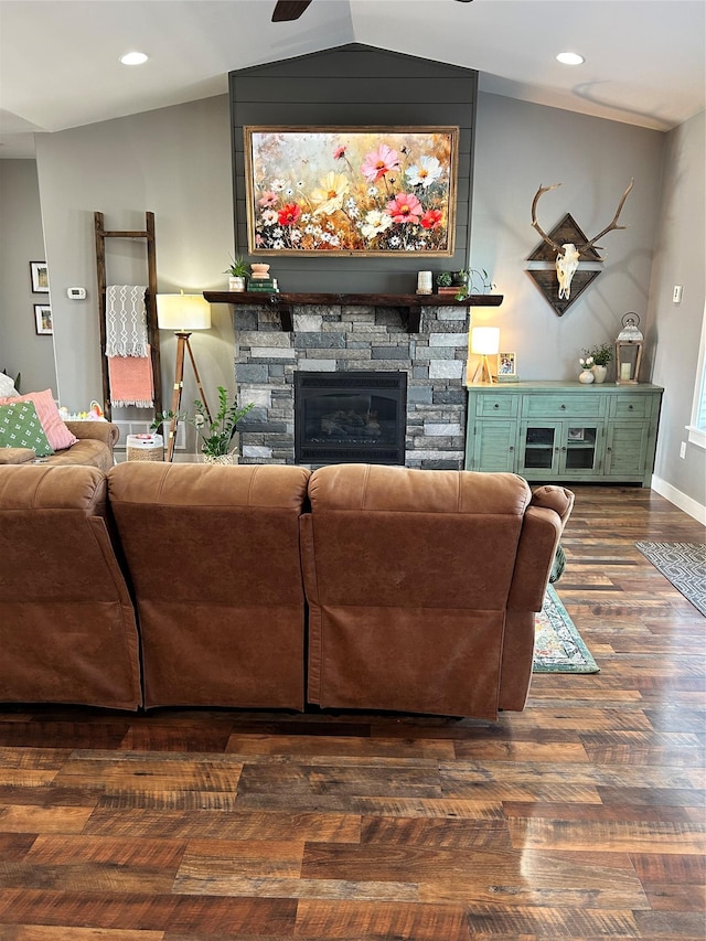 19 Country Meadow Ln, Clancy, MT 59634 - living room featuring wood finished floors, vaulted ceiling, a stone fireplace, baseboards, and recessed lighting