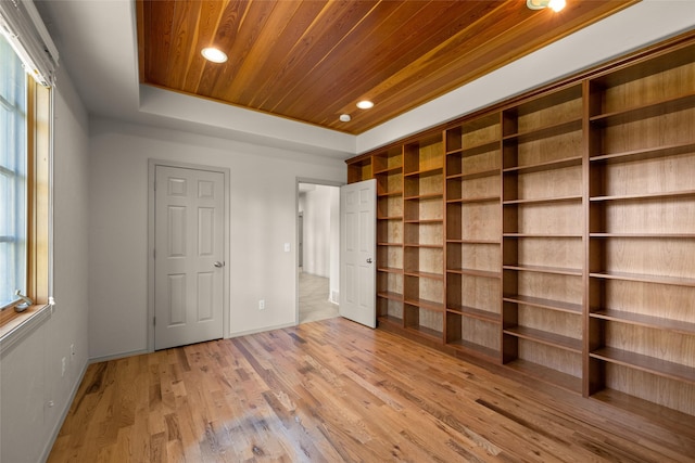 unfurnished bedroom with recessed lighting, baseboards, wood finished floors, and wood ceiling