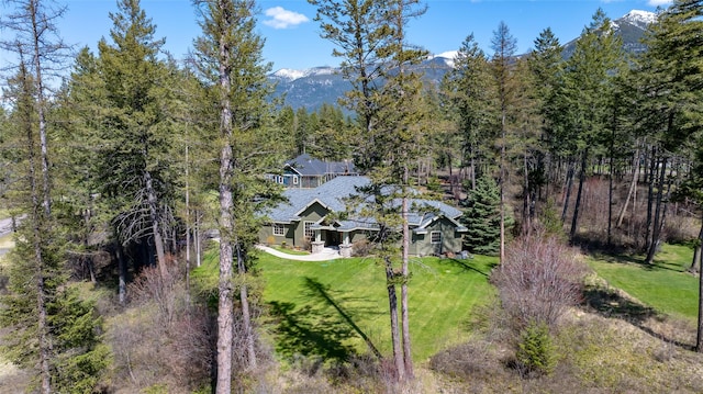 drone / aerial view featuring a mountain view