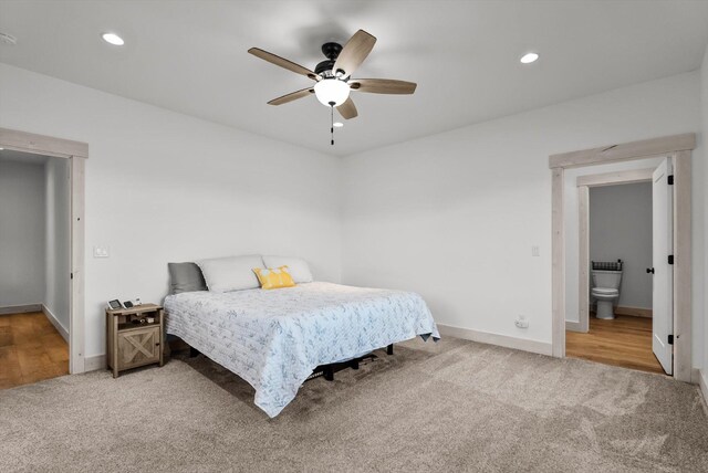 21 Bear Paw Loop, Bigfork, MT 59911 - bedroom featuring carpet floors, recessed lighting, ceiling fan, and ensuite bath