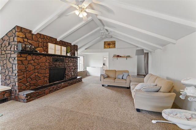 648 7th Ave W, Kalispell, MT 59901 - living room featuring a ceiling fan, carpet floors, and a stone fireplace