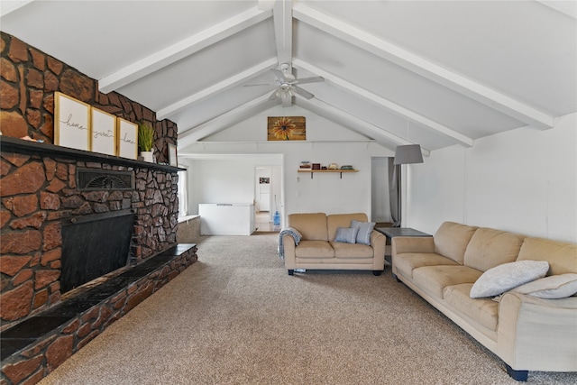 648 7th Ave W, Kalispell, MT 59901 - living room with carpet floors, a fireplace, and ceiling fan