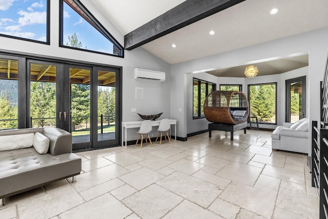 15 Copper Ridge Rd, Trout Creek, MT 59874 - living room featuring stone tile floors, an AC wall unit, healthy amount of natural light, beam ceiling, and recessed lighting