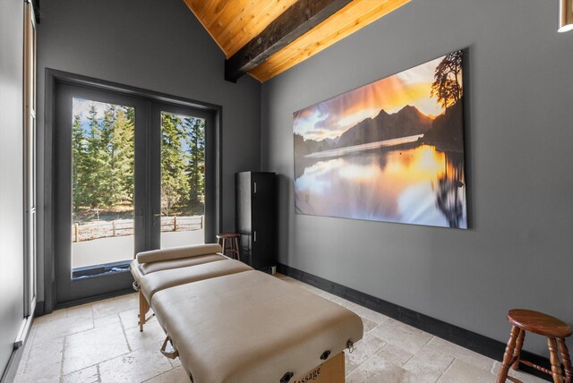 15 Copper Ridge Rd, Trout Creek, MT 59874 - sitting room with stone tile floors, wooden ceiling, french doors, and baseboards
