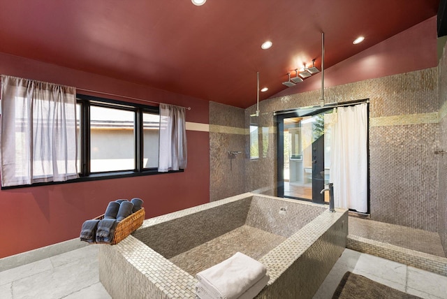 15 Copper Ridge Rd, Trout Creek, MT 59874 - bathroom featuring plenty of natural light, lofted ceiling, recessed lighting, and walk in shower