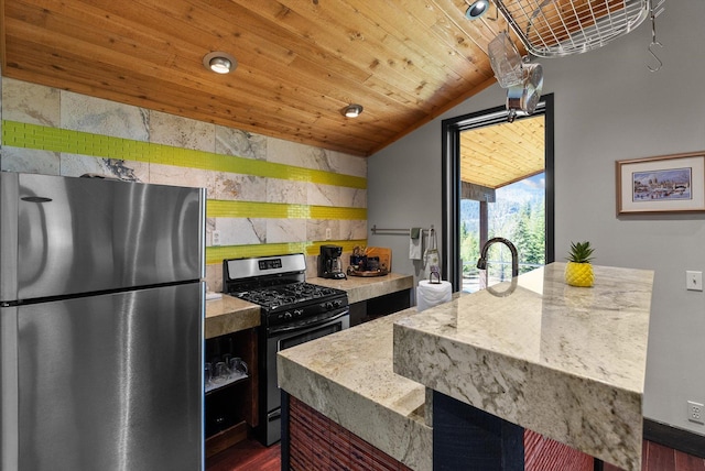 15 Copper Ridge Rd, Trout Creek, MT 59874 - kitchen with stainless steel appliances, vaulted ceiling, dark wood-style flooring, and light stone counters