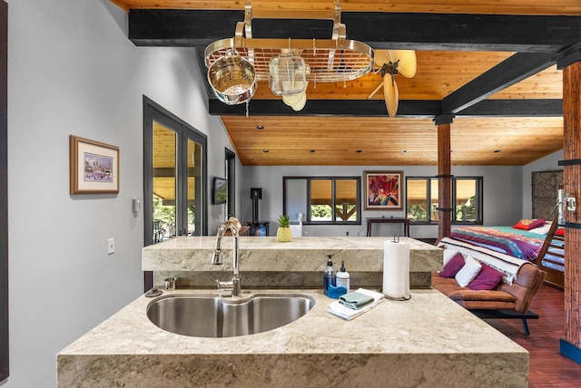 15 Copper Ridge Rd, Trout Creek, MT 59874 - kitchen featuring a sink, dark wood-type flooring, plenty of natural light, open floor plan, and wood ceiling