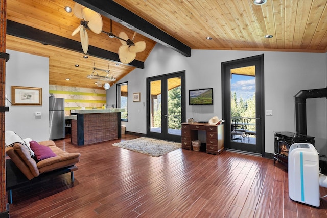 15 Copper Ridge Rd, Trout Creek, MT 59874 - entryway with french doors, a wood stove, wooden ceiling, dark wood-style flooring, and recessed lighting