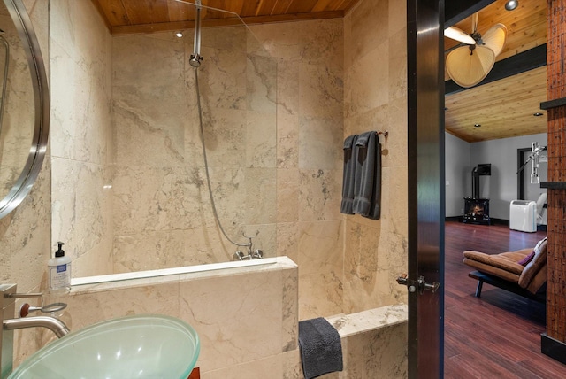 15 Copper Ridge Rd, Trout Creek, MT 59874 - bathroom with a sink, wood ceiling, wood finished floors, and walk in shower