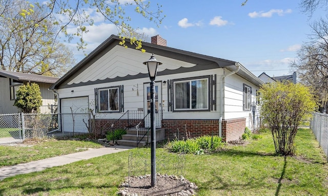 bungalow-style house with a front lawn, fence, an attached garage, and a chimney