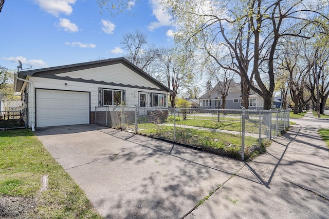 ranch-style home with fence, concrete driveway, and a garage