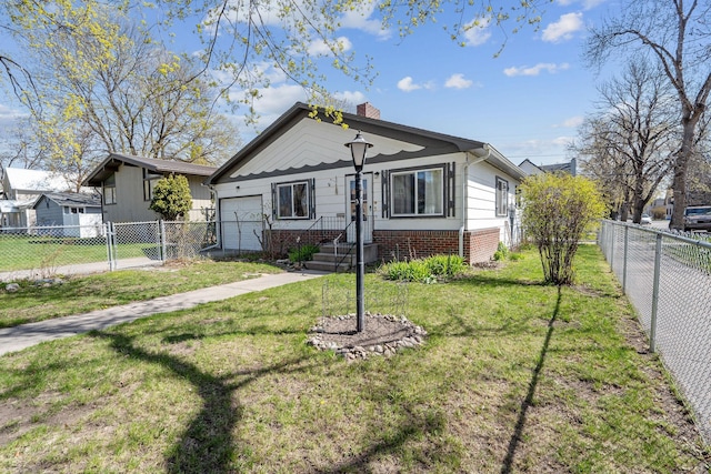 bungalow-style home with fence private yard, a chimney, a front lawn, and a garage