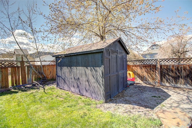 view of shed with a fenced backyard