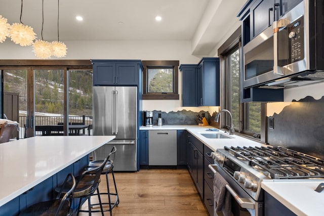 kitchen featuring blue cabinets, a sink, appliances with stainless steel finishes, and a wealth of natural light