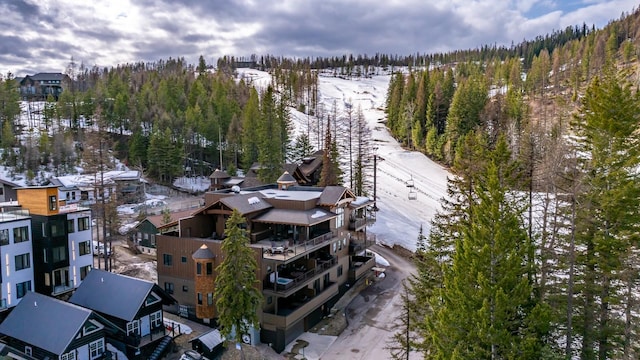 snowy aerial view with a view of trees