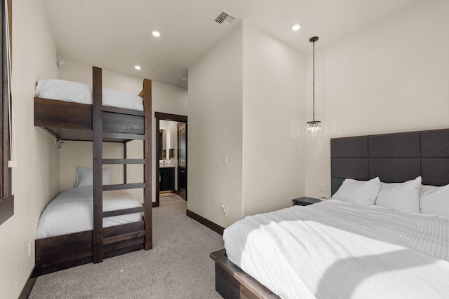 bedroom featuring baseboards, recessed lighting, visible vents, and light colored carpet