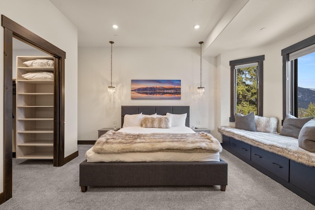 bedroom featuring recessed lighting and light carpet