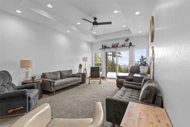 270 Westridge Dr, Somers, MT 59932 - living room featuring a raised ceiling, recessed lighting, and a ceiling fan