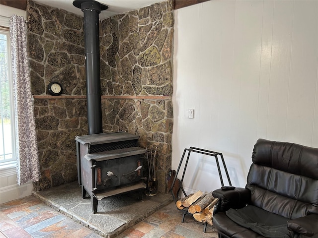 interior details featuring a wood stove