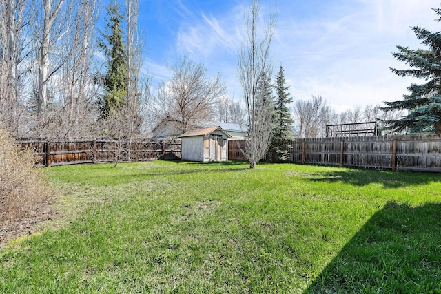 view of yard featuring a storage unit, an outdoor structure, and a fenced backyard