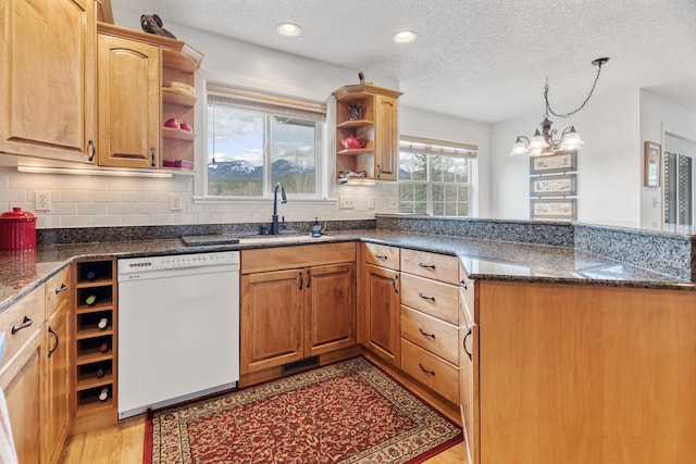 kitchen with a sink, dishwasher, a textured ceiling, and open shelves