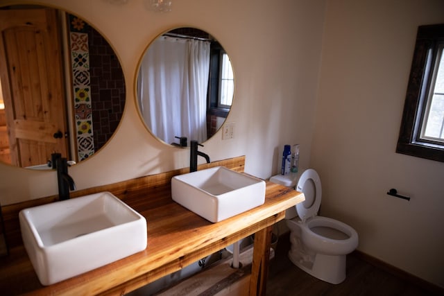 bathroom featuring toilet, double sink, and baseboards