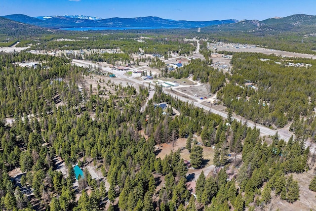 aerial view featuring a wooded view and a mountain view