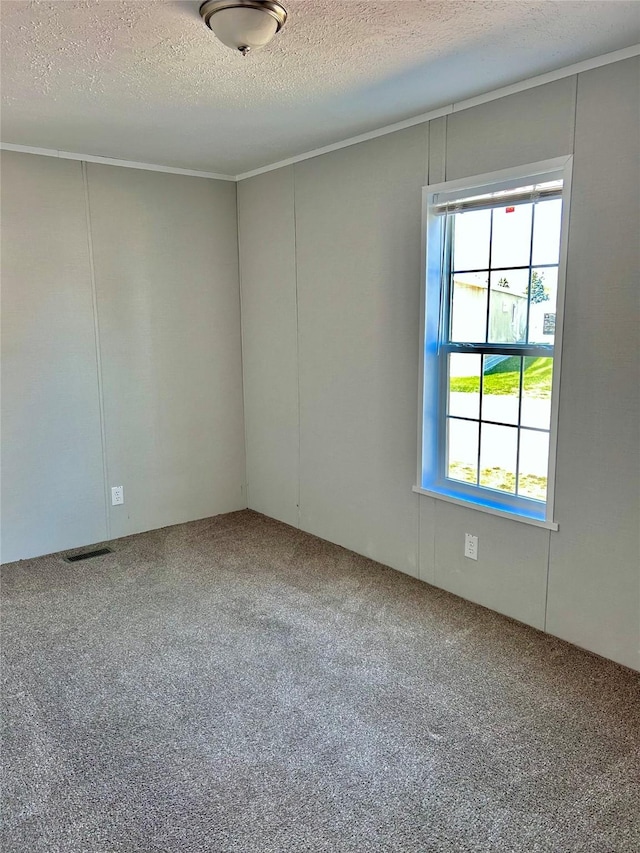 carpeted spare room featuring visible vents, ornamental molding, and a textured ceiling