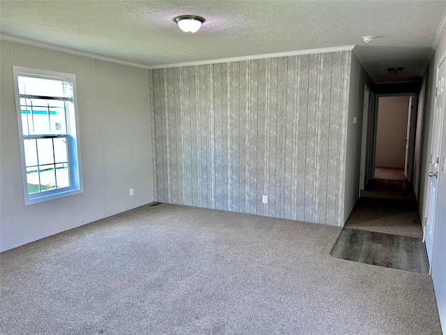 carpeted empty room featuring crown molding and a textured ceiling