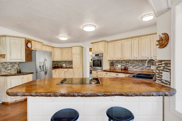 390 Dairy Ln, Superior, MT 59872 - kitchen featuring appliances with stainless steel finishes, a peninsula, a sink, dark countertops, and tasteful backsplash