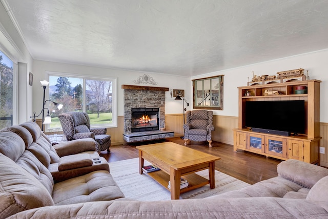 390 Dairy Ln, Superior, MT 59872 - living area with a fireplace, wood finished floors, and a wainscoted wall