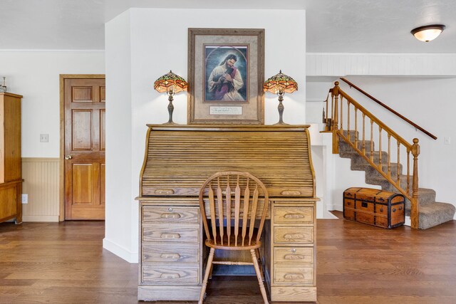 390 Dairy Ln, Superior, MT 59872 - office space with dark wood-style floors and a wainscoted wall