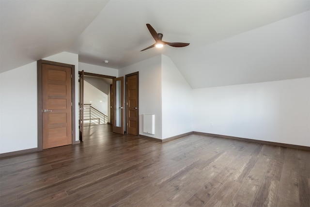 bonus room featuring dark wood finished floors, ceiling fan, and lofted ceiling
