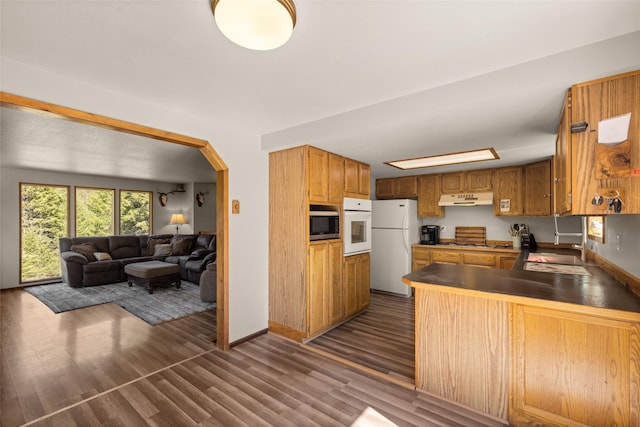 kitchen with white appliances, under cabinet range hood, dark countertops, open floor plan, and dark wood-type flooring