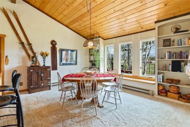 carpeted dining room featuring lofted ceiling, a baseboard heating unit, and wooden ceiling