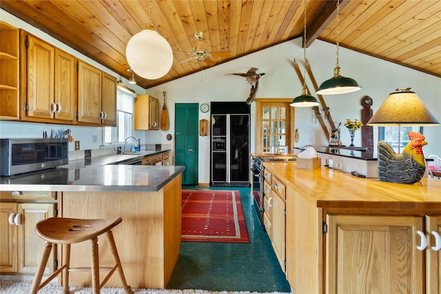 kitchen with a sink, wooden ceiling, open shelves, a peninsula, and appliances with stainless steel finishes