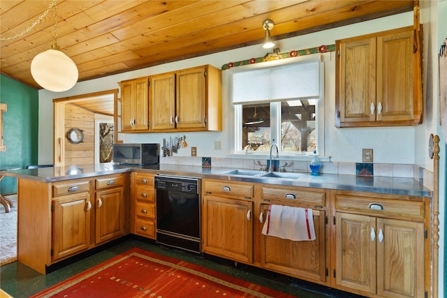 kitchen featuring wood ceiling, stainless steel microwave, black dishwasher, a sink, and a peninsula