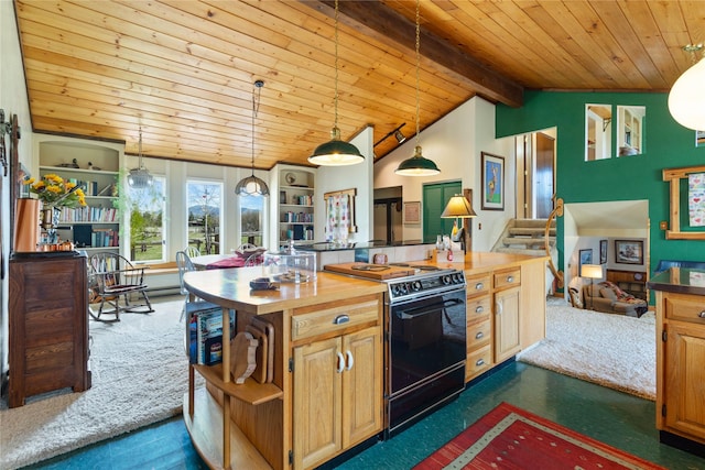 kitchen featuring black electric range, wood counters, open shelves, and wood ceiling