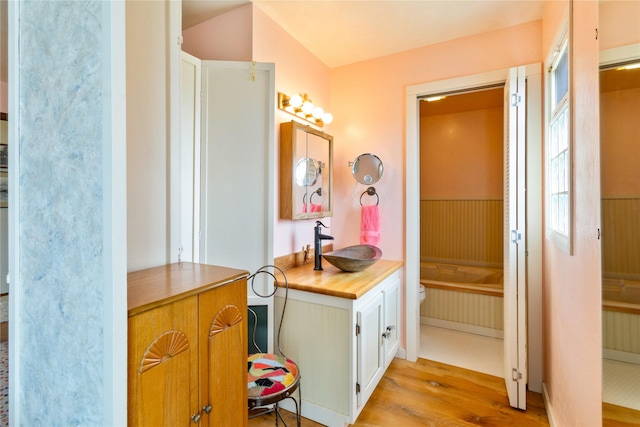 bathroom featuring a garden tub, vanity, and wood finished floors