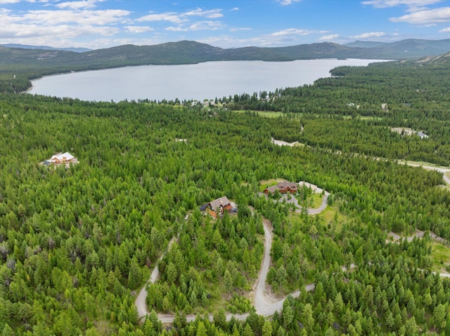 aerial view featuring a water and mountain view and a wooded view