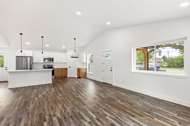 1503 3rd Ave NW, Great Falls, MT 59404 - kitchen with appliances with stainless steel finishes, lofted ceiling, recessed lighting, dark wood finished floors, and baseboards