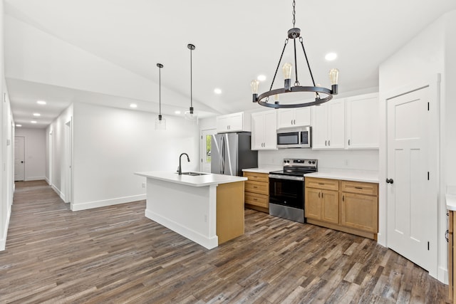 1503 3rd Ave NW, Great Falls, MT 59404 - kitchen featuring stainless steel appliances, a sink, dark wood finished floors, lofted ceiling, and recessed lighting