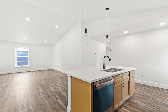 1503 3rd Ave NW, Great Falls, MT 59404 - kitchen with dishwasher, a sink, dark wood-style flooring, vaulted ceiling, and light countertops