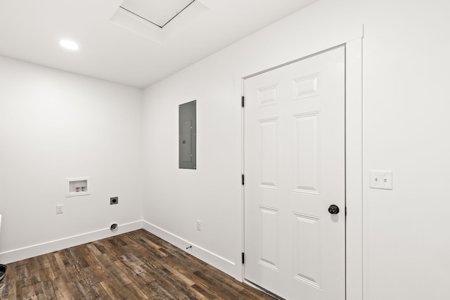 1503 3rd Ave NW, Great Falls, MT 59404 - laundry area with electric panel, electric dryer hookup, dark wood-style floors, washer hookup, and baseboards
