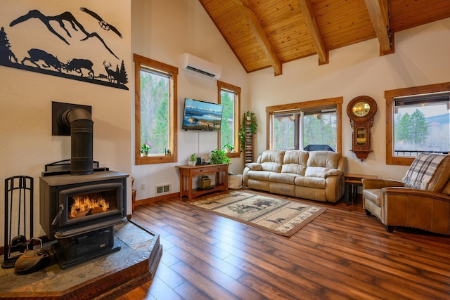 58386 Mt Highway 37, Rexford, MT 59930 - living room with a wood stove, wood ceiling, a wall mounted AC, high vaulted ceiling, and wood-type flooring