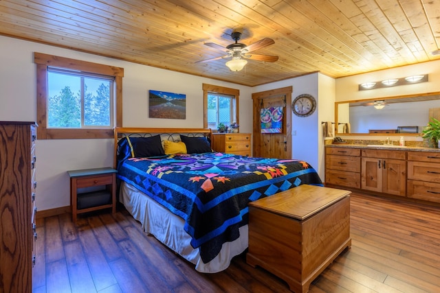 58386 Mt Highway 37, Rexford, MT 59930 - bedroom featuring a sink, hardwood / wood-style floors, wood ceiling, a ceiling fan, and crown molding