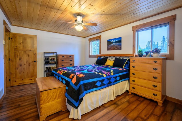 58386 Mt Highway 37, Rexford, MT 59930 - bedroom featuring wooden ceiling, dark wood-style flooring, and a ceiling fan