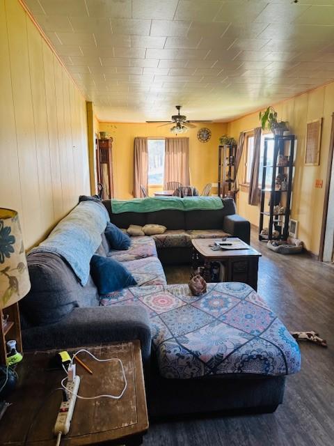 living area featuring wooden walls, a ceiling fan, and wood finished floors