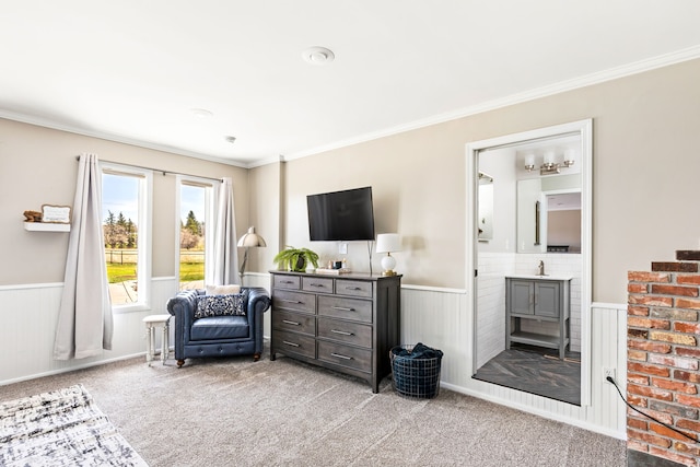 11 Wilson Butte Rd, Great Falls, MT 59405 - bedroom featuring a wainscoted wall, carpet flooring, ornamental molding, ensuite bathroom, and a sink