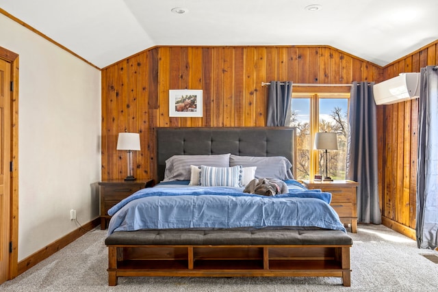 11 Wilson Butte Rd, Great Falls, MT 59405 - bedroom with vaulted ceiling, carpet floors, wood walls, and baseboards